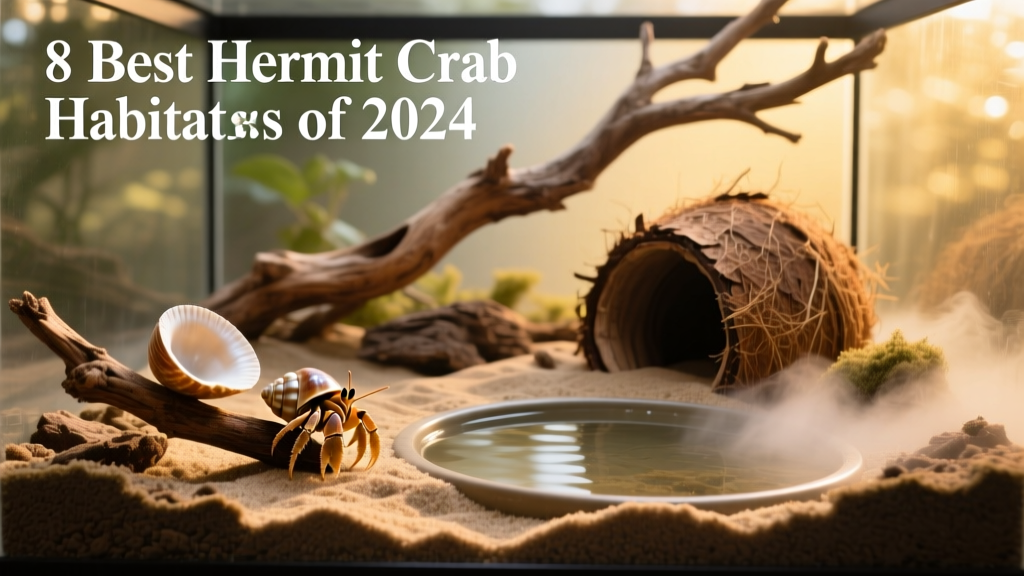 A well-set-up hermit crab habitat with moist substrate, climbing branches, hiding huts, and a shallow water dish