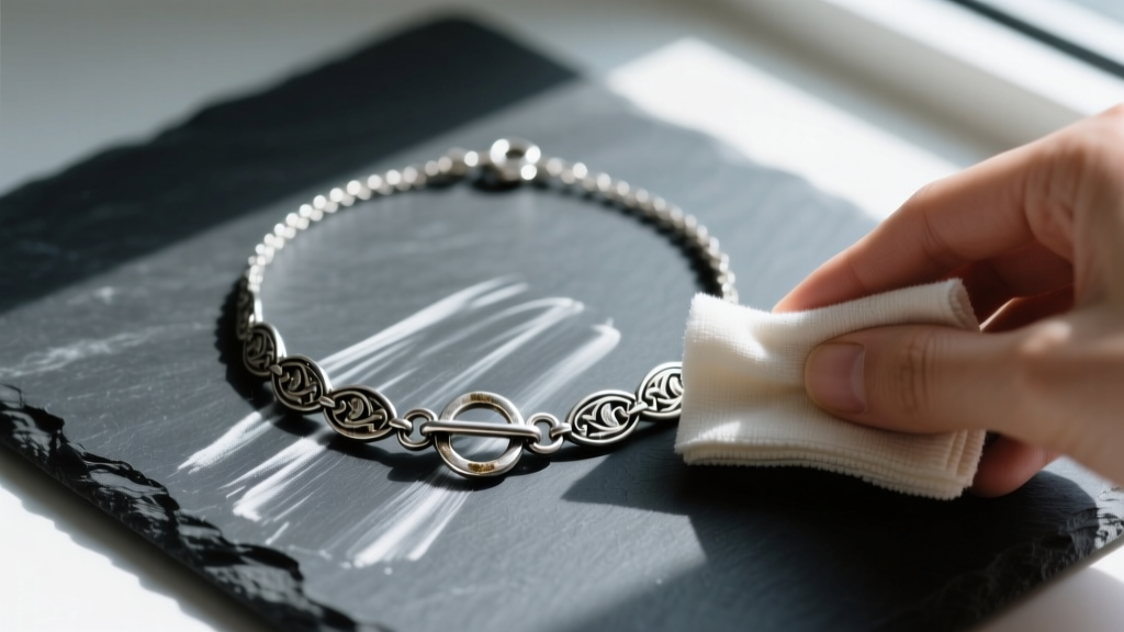 Flat lay of a tarnished silver toggle necklace being gently cleaned with a microfiber polishing cloth on a dark slate surface.