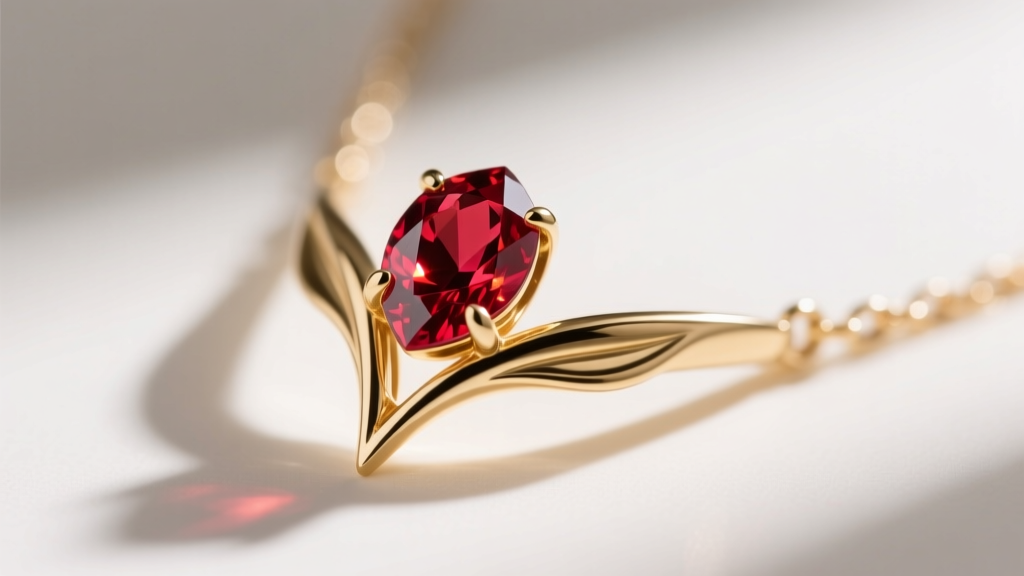 Extreme close-up of a V-prong 18k gold setting securing a marquise-cut red spinel gemstone shaped as a petal on a floral necklace.