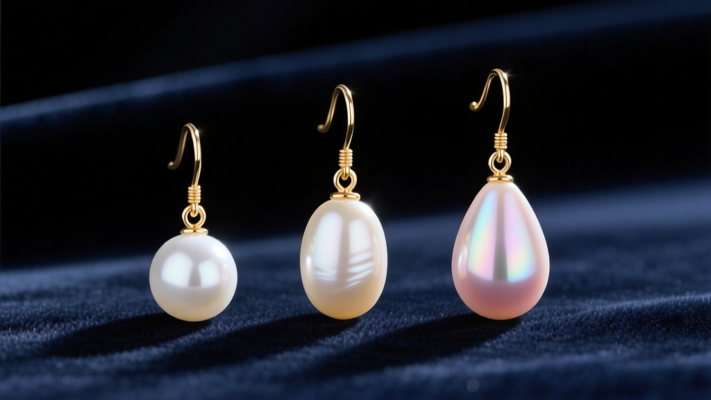 Macro shot of three pearl earrings on velvet: an 8mm round, 12mm oval, and 16mm teardrop, each on a fine gold wire drop hook