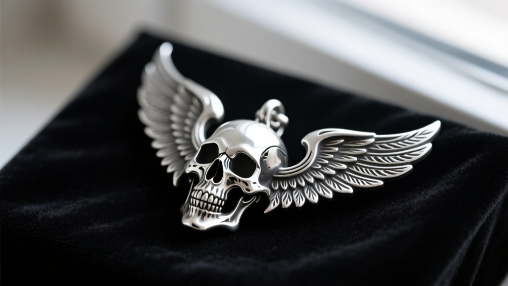 Macro shot of a sterling silver Amulet of Fury replica on dark velvet, showing the winged skull motif and oxidized silver details.