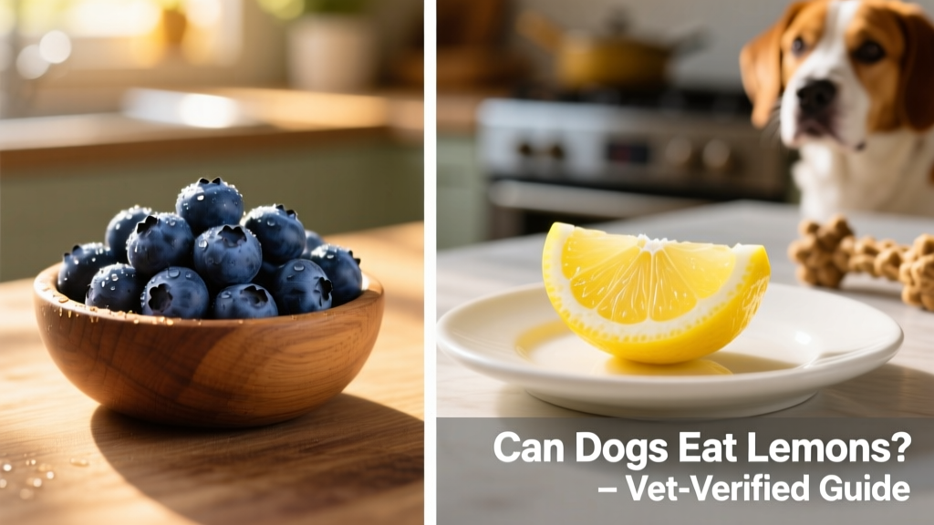 Side-by-side comparison: safe dog-friendly fruit (like blueberries) and unsafe citrus (lemon wedge with visible pith)