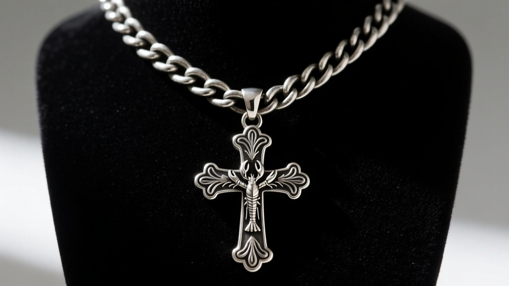 Thick oxidized silver rolo chain with a lobster clasp supporting a large cross pendant resting on a dark velvet jewelry display.