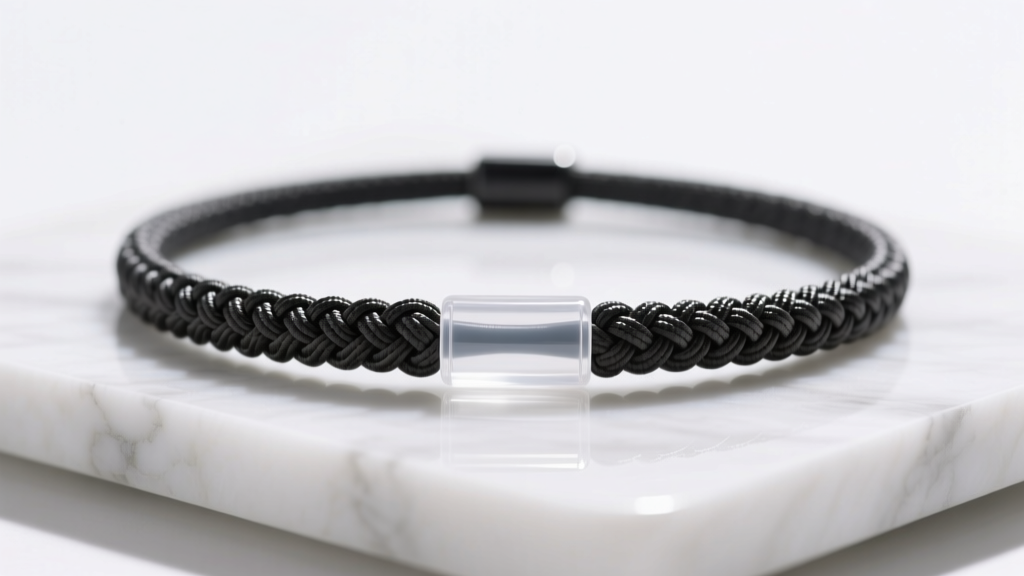 Close-up of a woven nylon paracord phone necklace with a clear TPU insert, resting on a white marble surface in bright daylight.