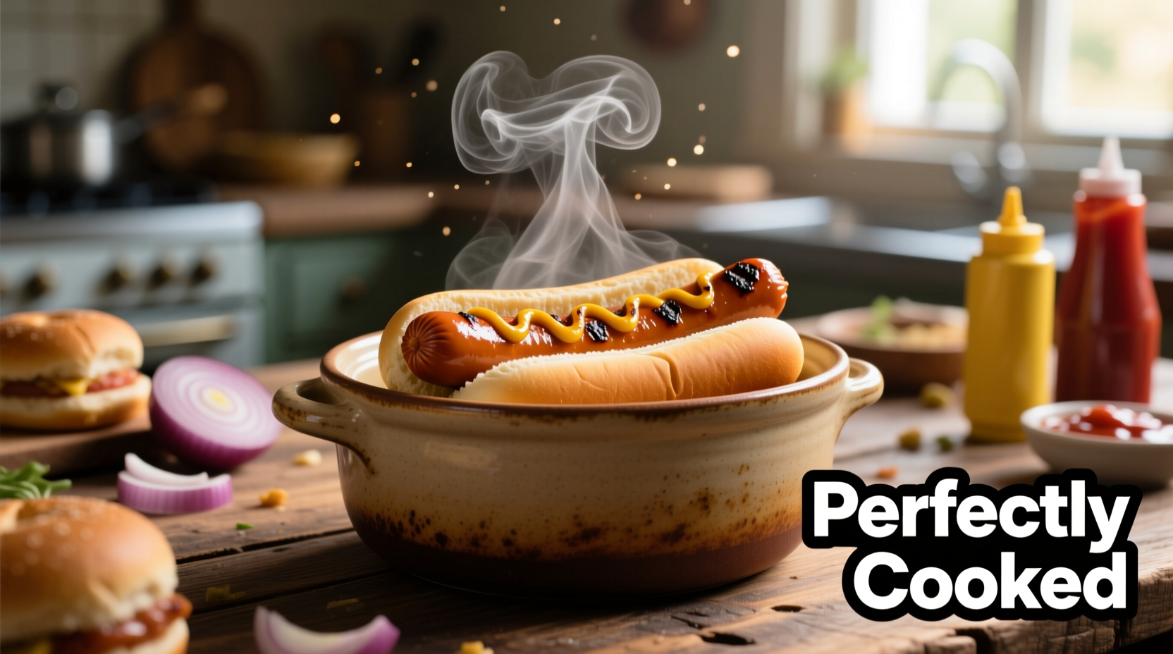 Perfectly cooked hot dogs in crock pot with steam rising