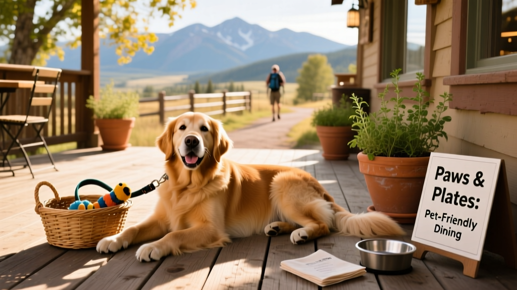 A happy dog relaxing on an outdoor patio at a Bozeman restaurant
