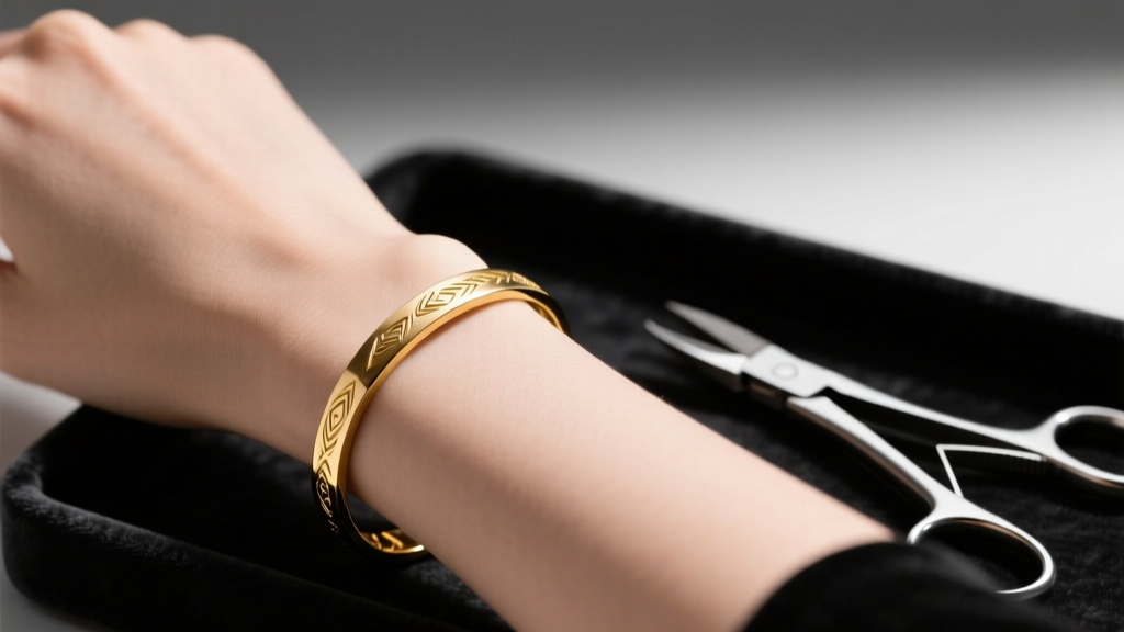 Close-up of a delicate 14k gold permanent bracelet on a wrist, with precision flush cutters resting nearby on a dark velvet tray.