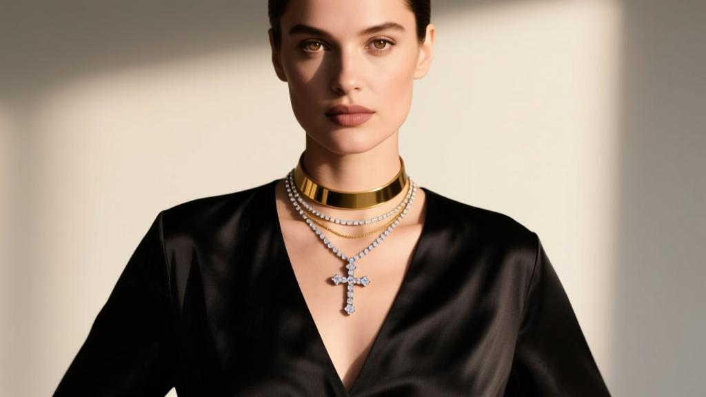Woman wearing a diamond cross necklace layered with a gold choker, paired with a deep V-neck black silk blouse in soft lighting.