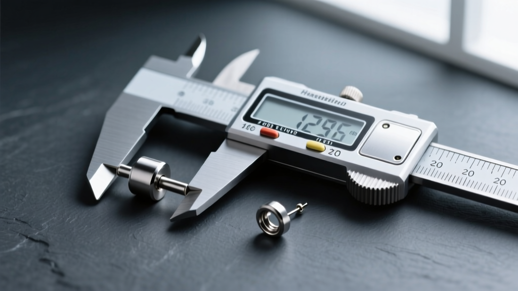 Digital calipers measuring a 1.29mm 16-gauge titanium barbell post beside a thinner 20-gauge earring on a dark slate background.