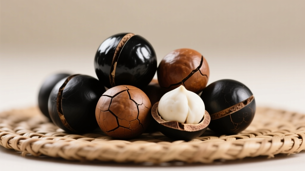 Black, brown, and white kukui nuts on a woven mat, showing glossy finishes and textures under bright light.
