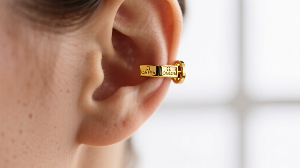 Macro photography of an 18k yellow gold omega back earring closure snapped securely onto a model's earlobe, studio lighting