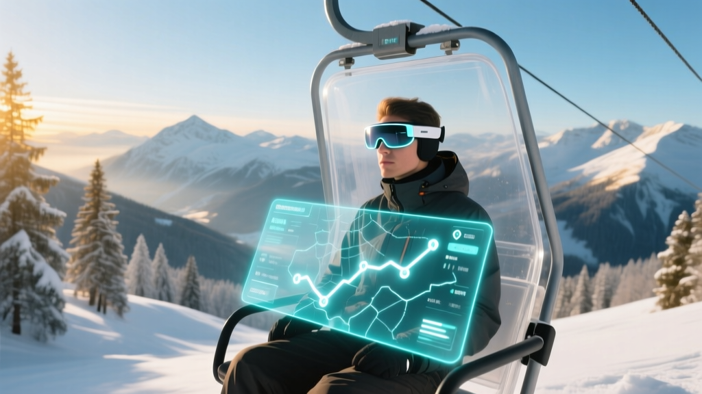 Skier on a chairlift wearing sleek AR smart glasses, viewing a glowing digital trail map overlaid on the snowy mountain.