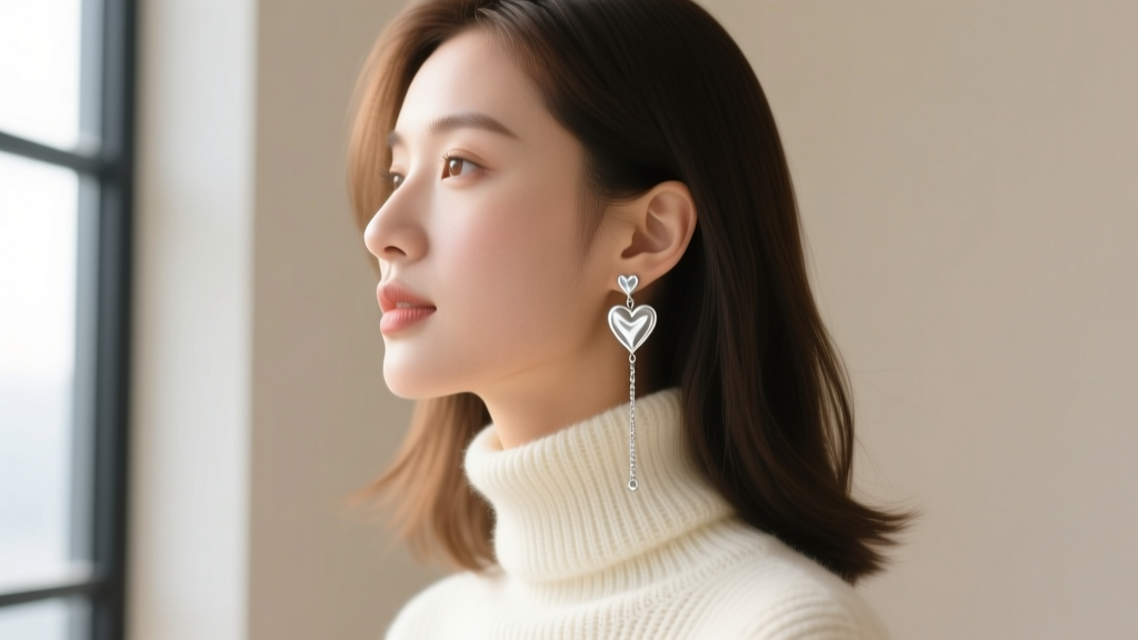 Side profile of a woman wearing delicate silver heart drop earrings, showing the dangle movement against a soft wool turtleneck