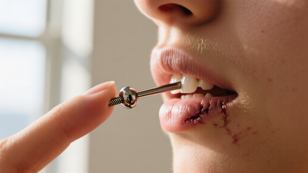 Fingers twisting a 16-gauge titanium threaded flat-back labret out of a healed cartilage piercing, bright natural window lighting.