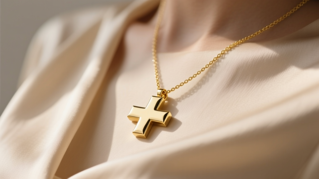 Minimalist 14k solid gold plus sign necklace on a beige silk blouse, soft natural window lighting highlighting polished edges.