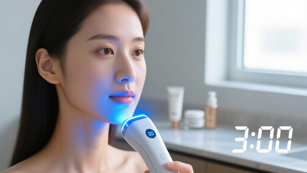 Close-up of a woman using a handheld blue-light acne treatment device on her jawline, with a digital timer displaying a three-minute session in the background.