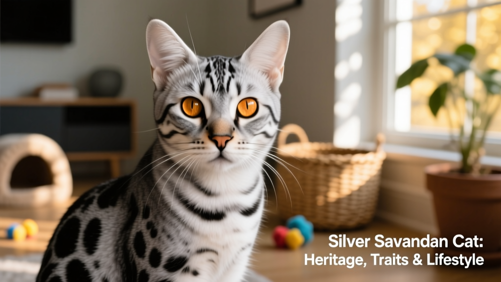 Close-up portrait of a silver Savannah cat showing its striking silver-gray coat and high-contrast black spots