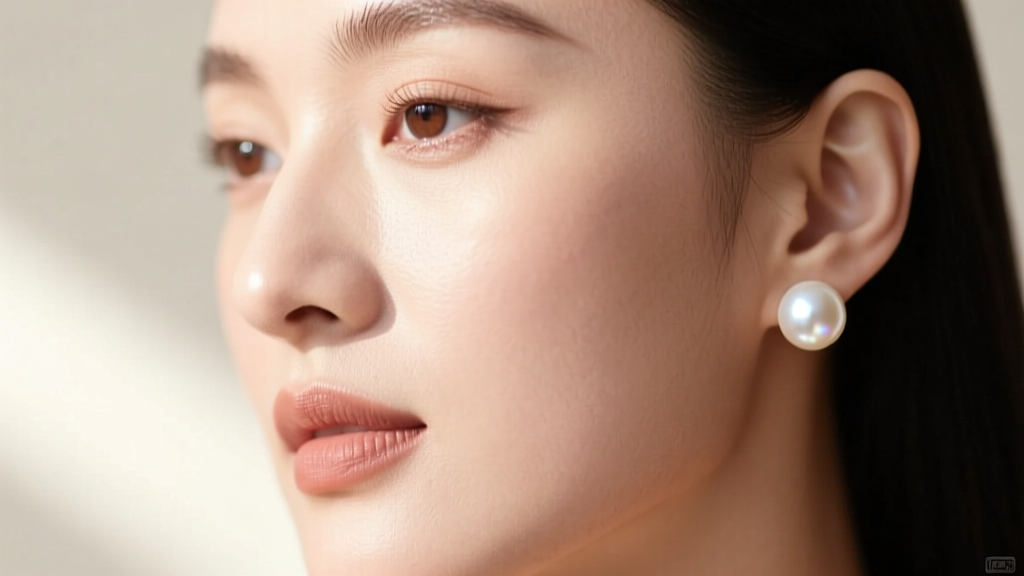 Close-up of a woman wearing 8mm white Akoya pearl stud earrings, soft natural lighting highlighting the smooth pearl luster