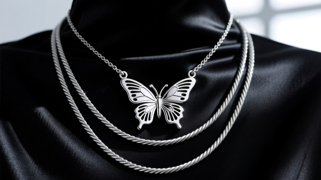 Close-up of a Y2K millennium necklace with a titanium butterfly pendant and layered cable chains resting on dark silk fabric