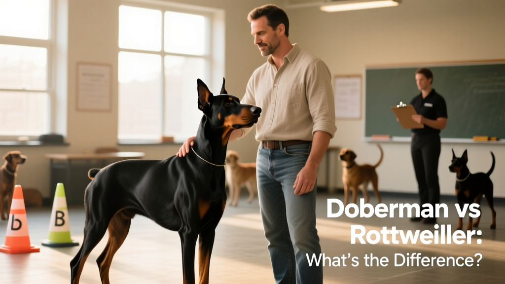 A well-trained Doberman sitting attentively beside its owner during an obedience class