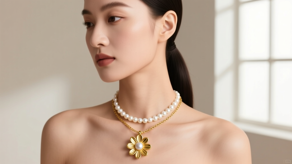 Woman wearing an 18k gold daisy flower necklace with a 14mm pendant on a 1.2mm box chain, layered with a simple pearl strand.