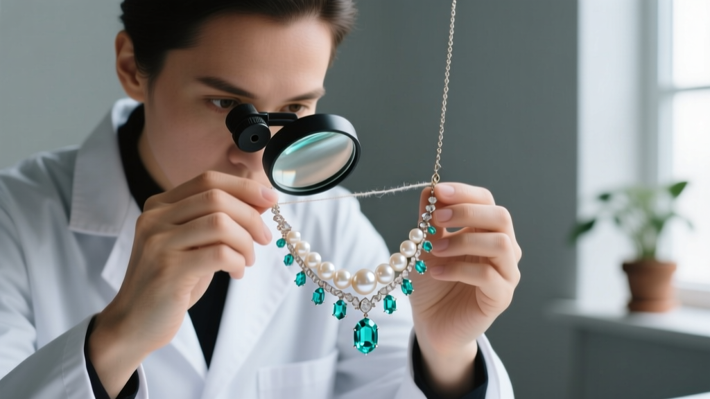 Jeweler using a 10x loupe to inspect the drill hole of a pearl and crystal necklace for silk thread fraying and nacre edge wear.