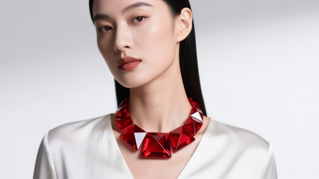 Close-up of a woman wearing a bold chunky red resin necklace over a crisp white V-neck blouse, soft studio lighting, editorial.