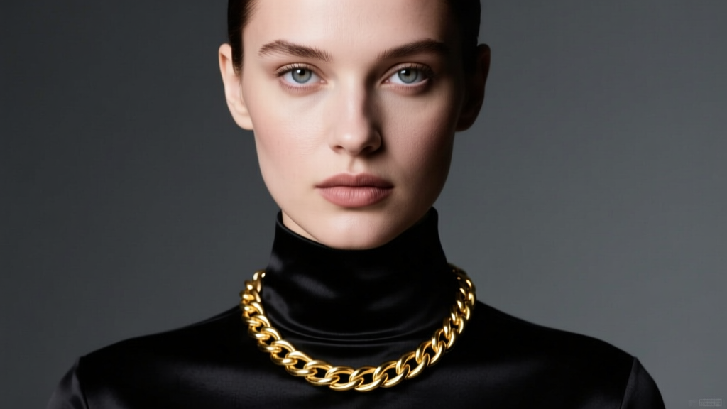 Model wearing a thick 8mm vintage 1980s gold rope chain necklace over a black silk turtleneck, captured in moody studio lighting.
