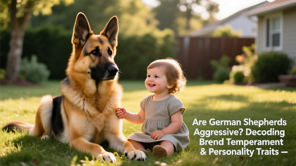 A German Shepherd gently holding a child's hand while both sit calmly on grass, illustrating trust and gentle temperament
