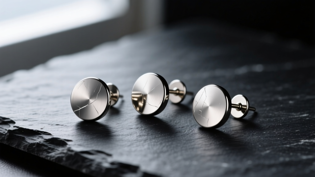 Macro shot of three polished ASTM F136 titanium flat-back earring posts resting on dark slate next to a jeweler's gold loupe