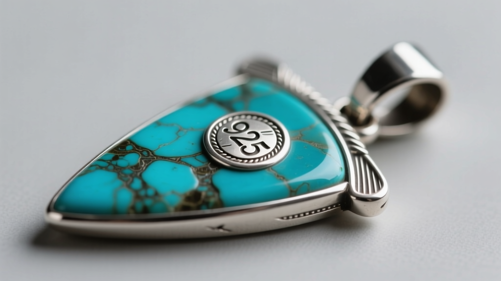 Macro shot of a .925 sterling silver hallmark on a Native American turquoise arrowhead pendant, showing detailed stamp work.