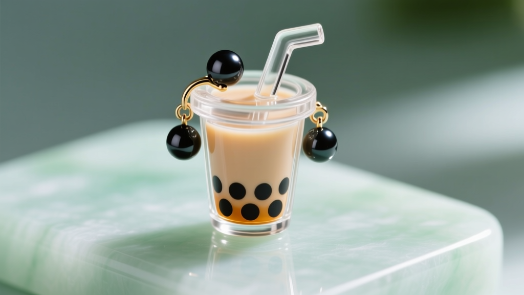 Macro shot of acrylic boba earring shaped like a bubble tea cup with black pearl charms, resting on a pastel jade surface.