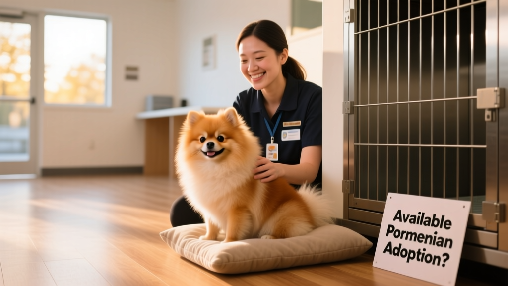A calm, well-groomed Pomeranian sitting beside a volunteer at a clean, sunlit shelter facility