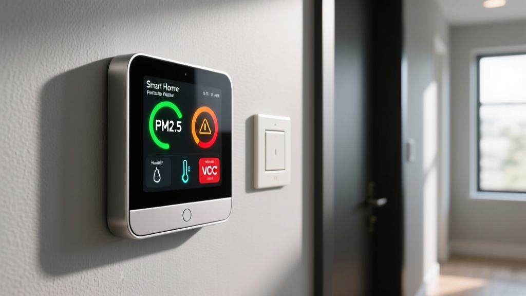 Smart home hub mounted on a hallway wall displaying real-time indoor air quality and VOC metrics next to a light switch