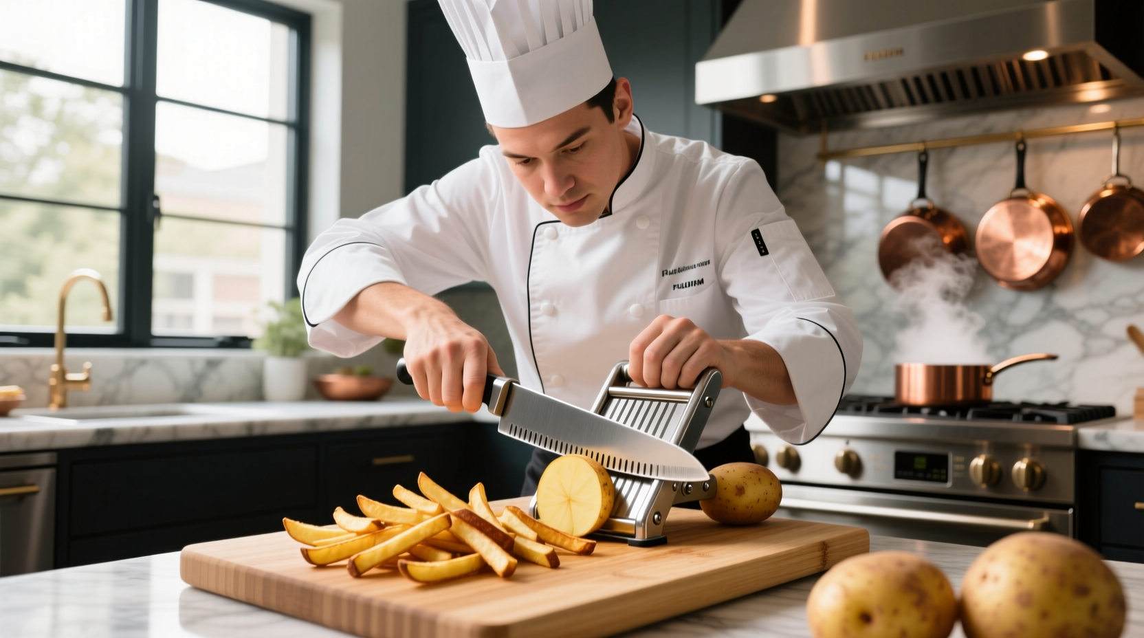 Professional chef using adjustable mandoline slicer for french fries
