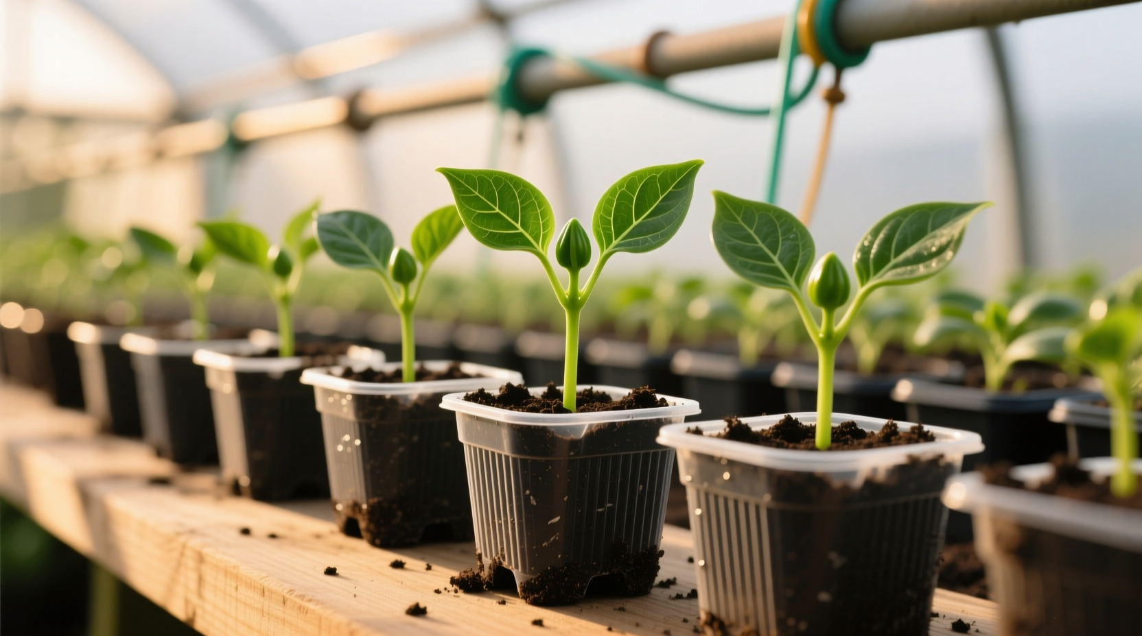 Bell pepper seedlings growing in starter pots with proper spacing