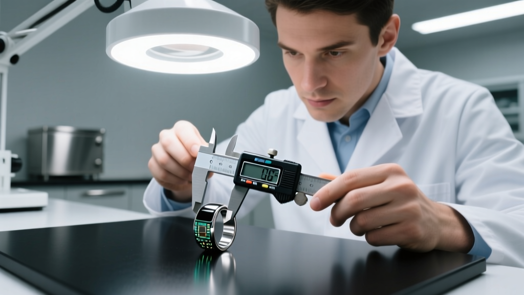 Technician in a white lab coat using a digital caliper to measure the inner diameter of a smart ring while examining PPG sensor nodes under a magnifying lamp