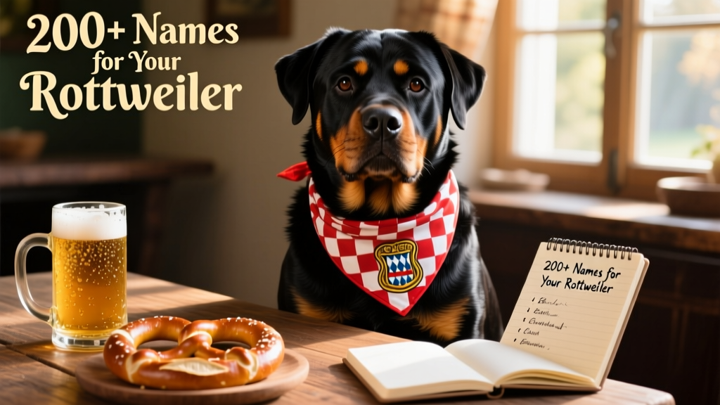 A Rottweiler wearing a festive Oktoberfest-themed bandana, sitting beside pretzels and a stein