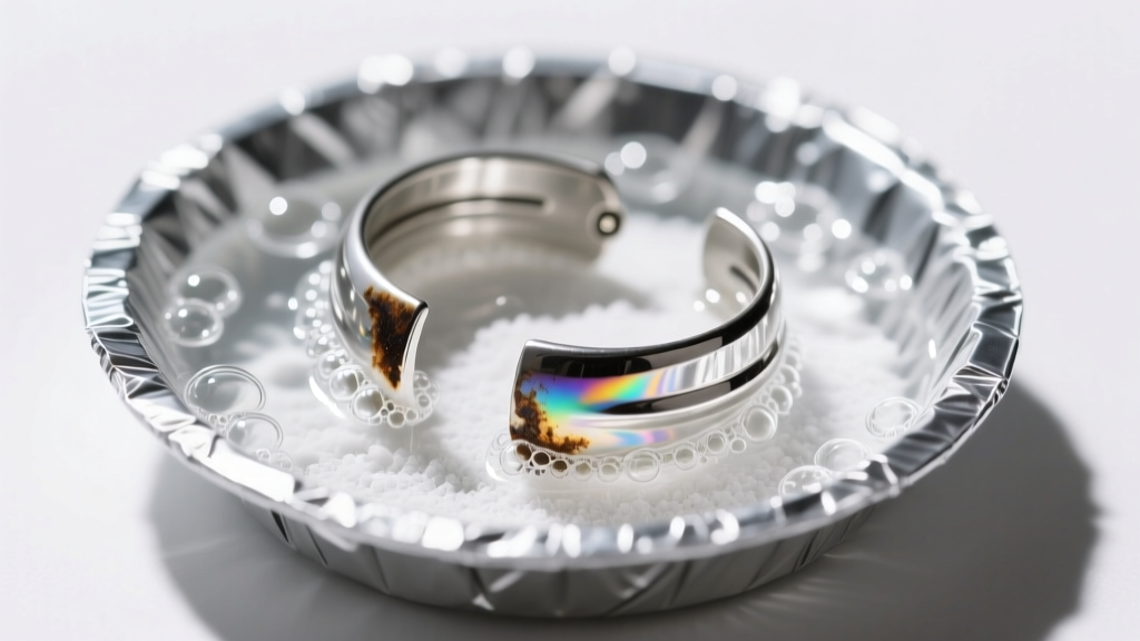 Foil dish with baking soda and hot water submerging oxidized silver ear cuffs, reversing tarnish to show a clean, bright finish.