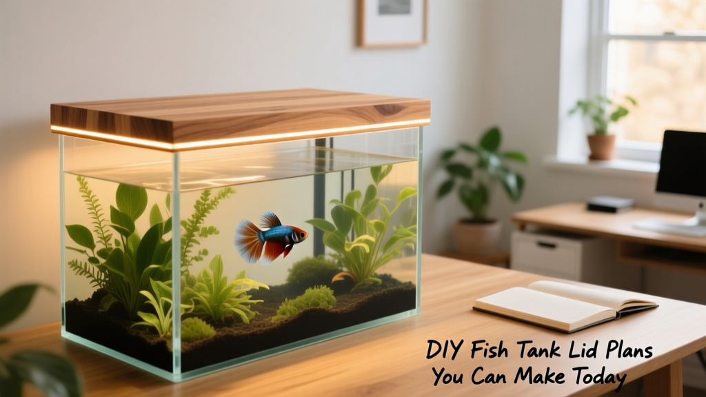 Side view of a clean, modern acrylic fish tank with a custom-built wooden lid featuring integrated LED lighting strips