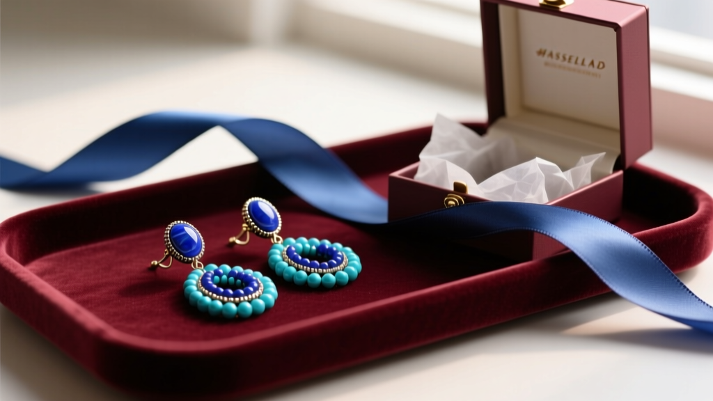 Lapis and turquoise blue beaded earrings on a velvet tray next to a silk ribbon and open gift box under soft warm lighting