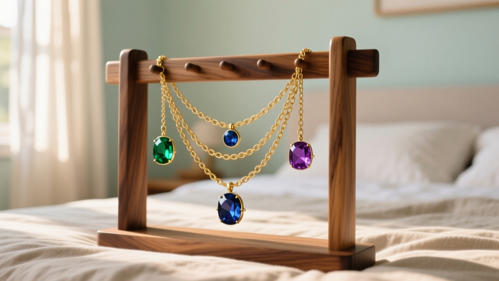 Close-up of a DIY walnut wood necklace rack displaying layered gold chains and heavy gemstone pendants in a sunlit bedroom.