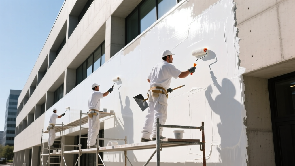 Painters applying thick elastomeric weather-resistant white coating to a concrete commercial building facade under bright sunlight
