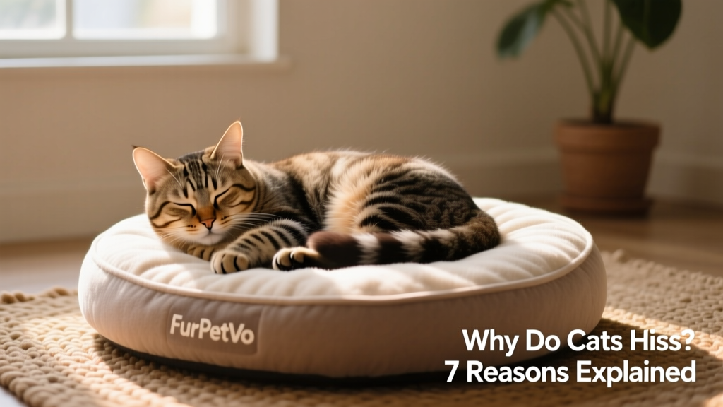 A relaxed cat curled on a soft FurPetVo calming bed, eyes half-closed, tail gently wrapped around paws