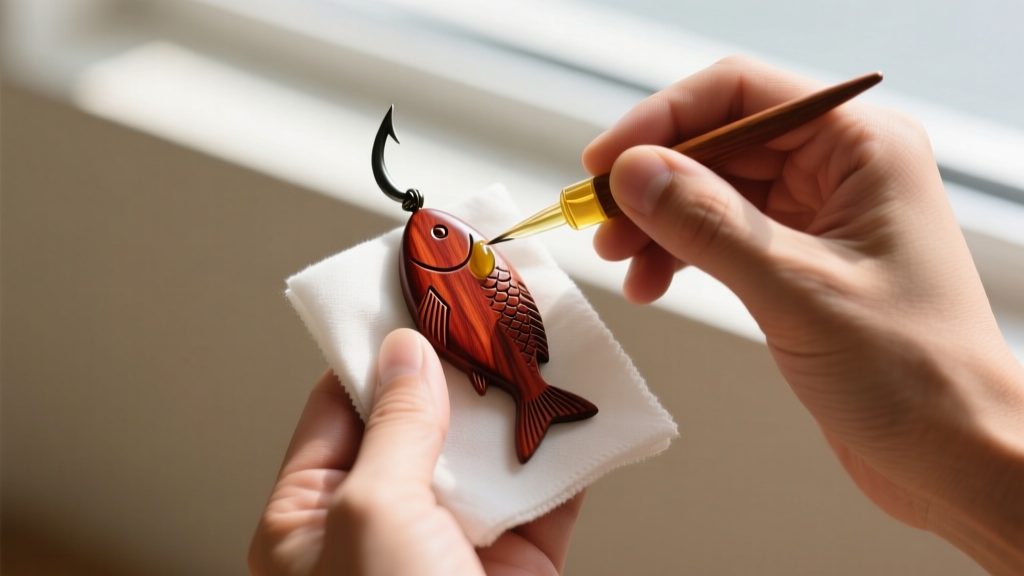 Hands gently applying food-grade mineral oil to a polished Hawaiian Koa wood fish hook pendant using a soft microfiber cloth.