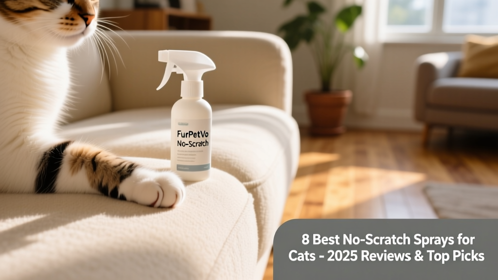 Close-up of a cat paw gently touching a soft fabric sofa, with a spray bottle labeled 'FurPetVo No-Scratch' nearby