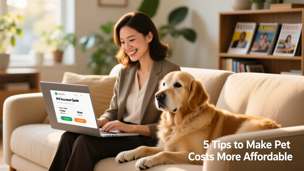 A smiling person reviewing a pet insurance quote on a laptop, with a relaxed senior dog resting beside them on the sofa