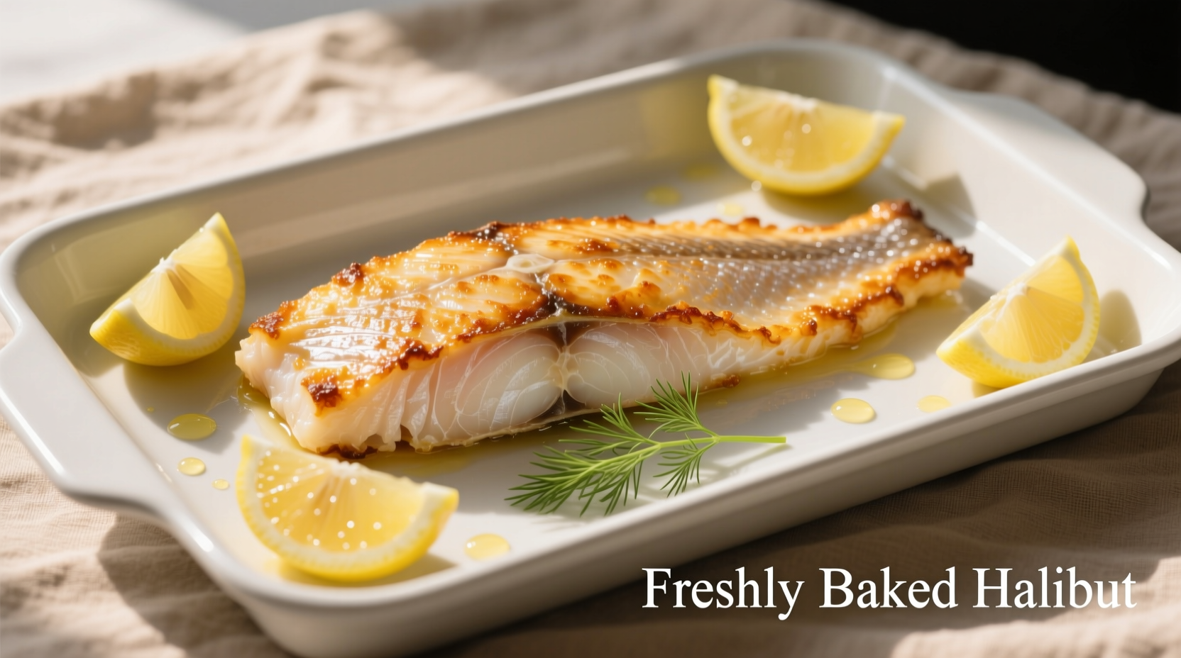 Perfectly cooked halibut fillet on baking sheet with lemon wedges