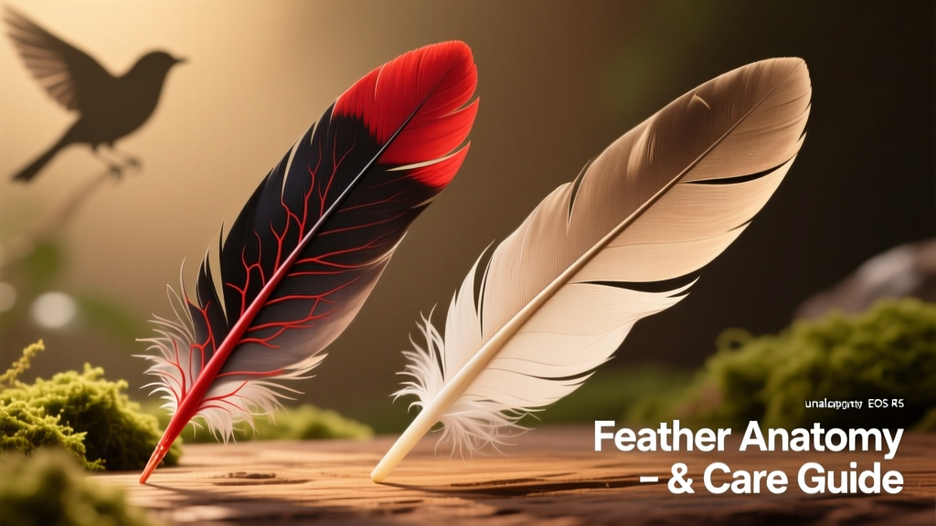 Illustration showing a healthy blood feather (with dark, vascularized shaft) next to a mature, fully grown feather (light-colored, hollow shaft)