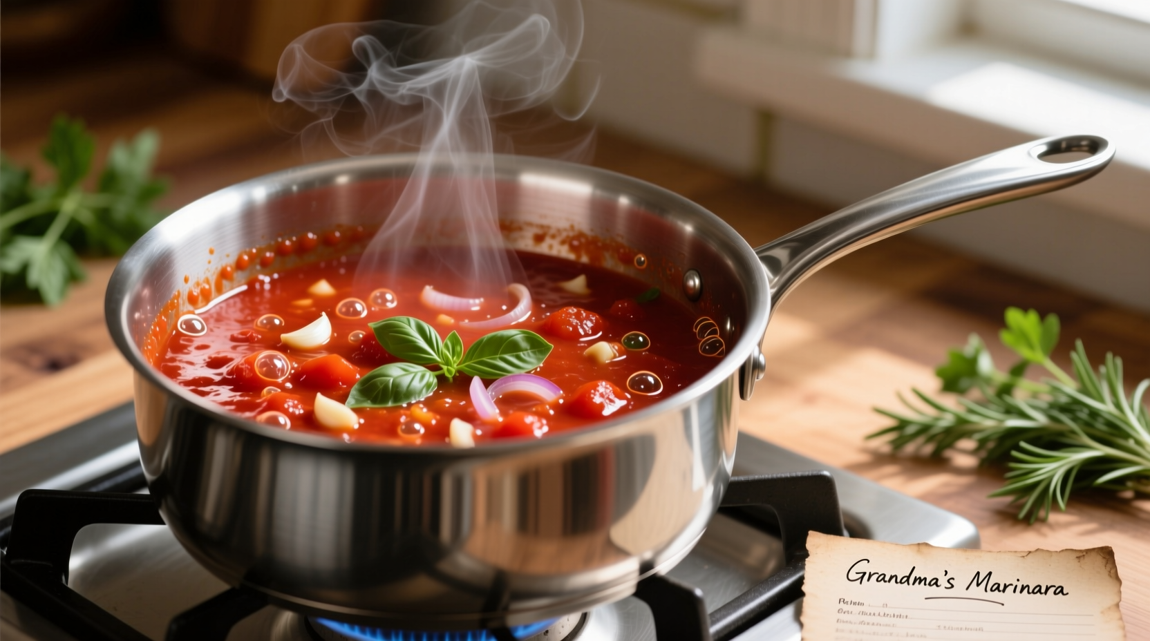 Marinara sauce simmering in stainless steel pot